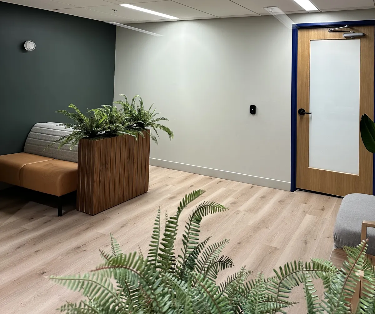 Waiting area with a tan bench and ferns